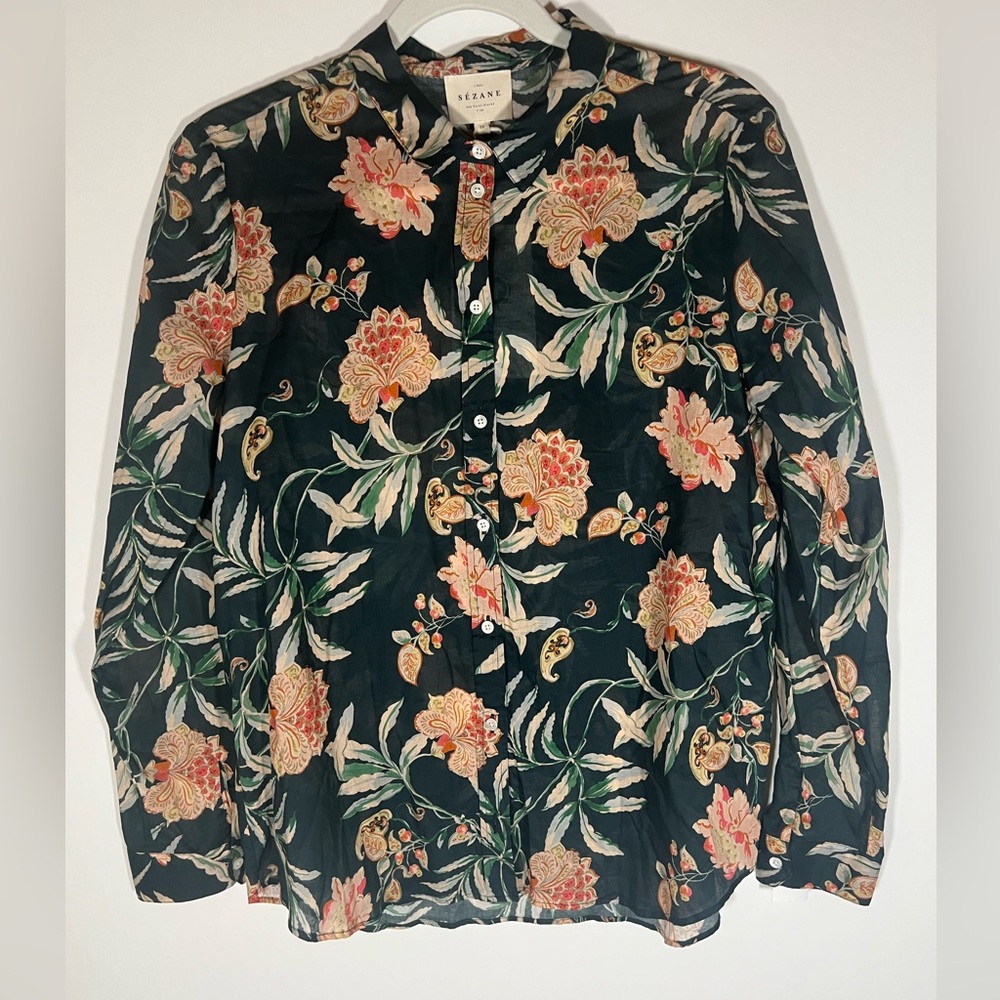 NWT Sezane forest green floral Chemise Pierro shirt lightweight sz 6 parisian